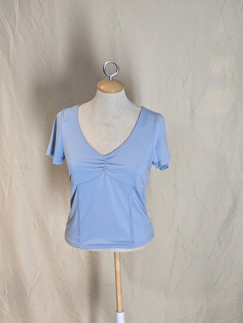 Ambiance Light Blue Gathered V-Neck Short Sleeve Top